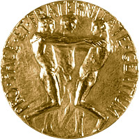 The Nobel Peace Prize medal depicts 3 naked men with their hands on each others shoulders.